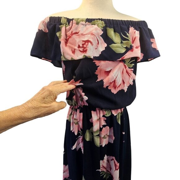 Rebecca B Flounce Off-Shoulder Maxi Dress Sz 6 Pink Floral on Navy Poly Spandex - Picture 3 of 11
